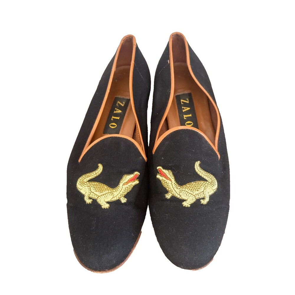Zalo Black Loafers Alligator Embroidered Canvas Flats Womens Size 7M